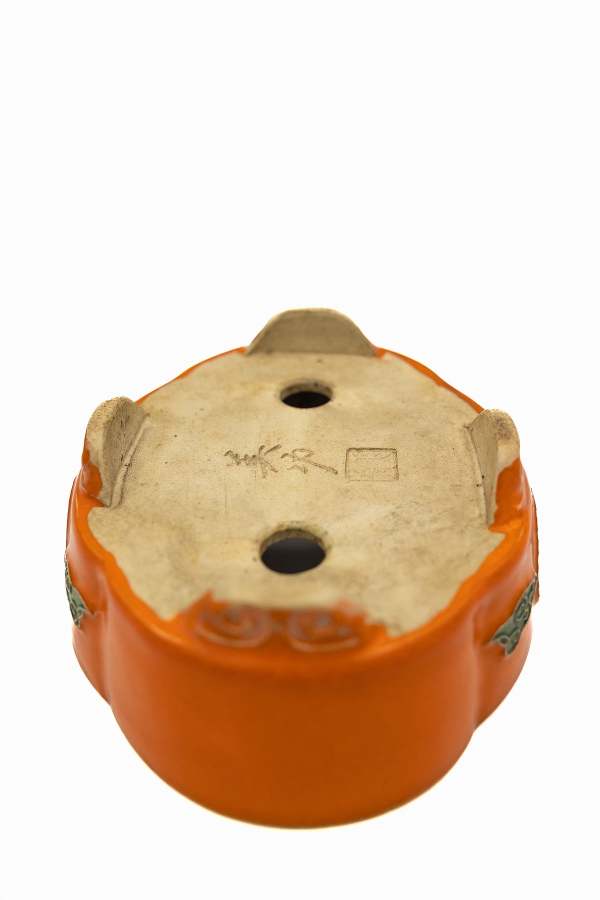 Small Mokka Orange Glazed Biko Kiln Japanese Bonsai Pot – Hand Carved Medallion, Chop and Nail Signed