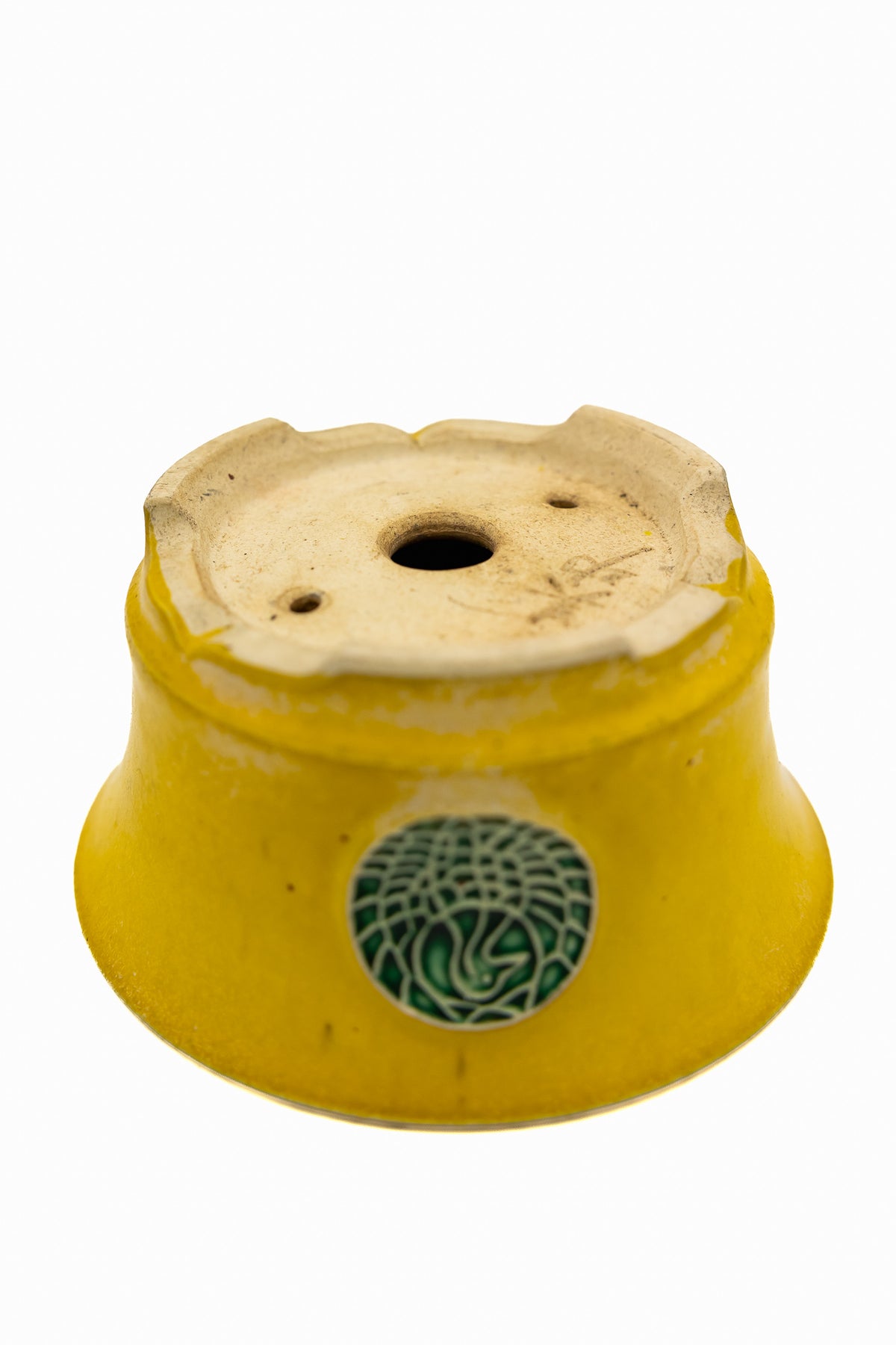 Small Round Yellow Glazed Biko Kiln Japanese Bonsai Pot – Vintage Medallion Chop