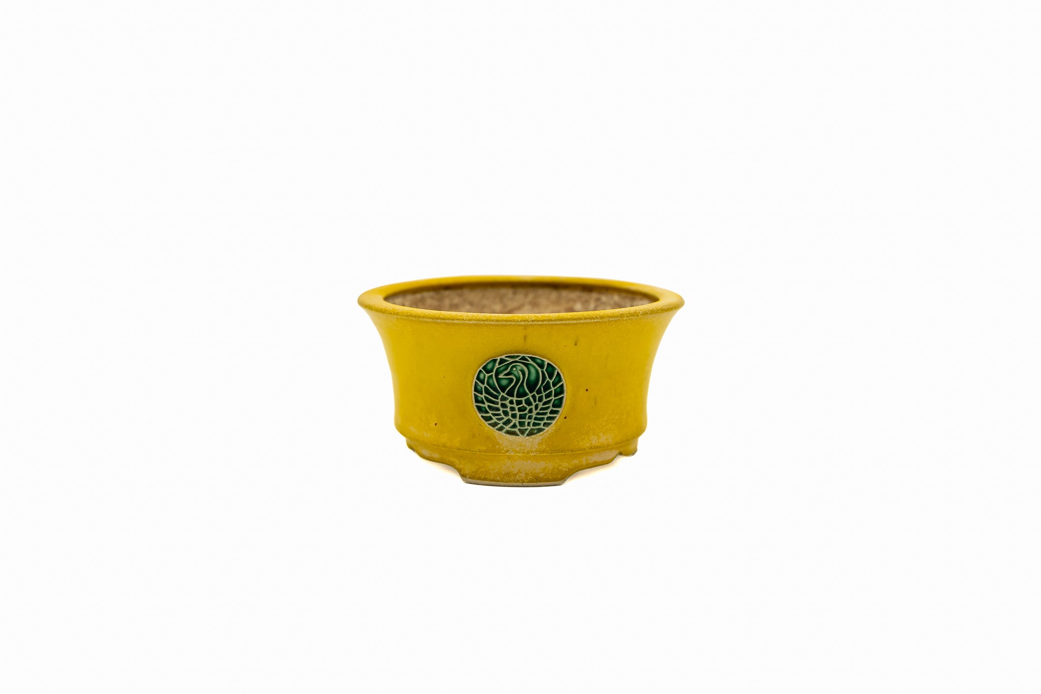 Small Round Yellow Glazed Biko Kiln Japanese Bonsai Pot – Vintage Medallion Chop