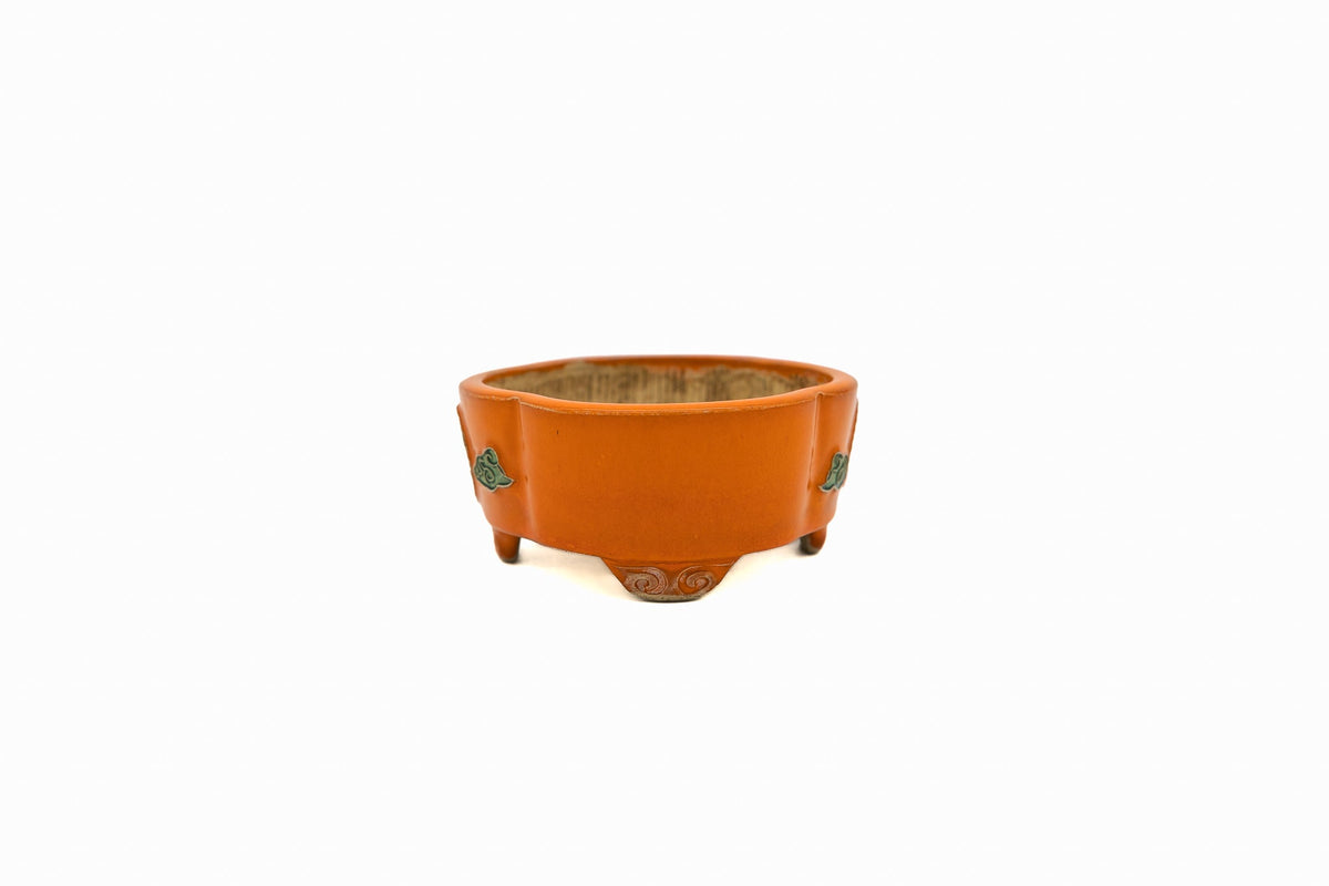 Small Mokka Orange Glazed Biko Kiln Japanese Bonsai Pot – Hand Carved Medallion, Chop and Nail Signed