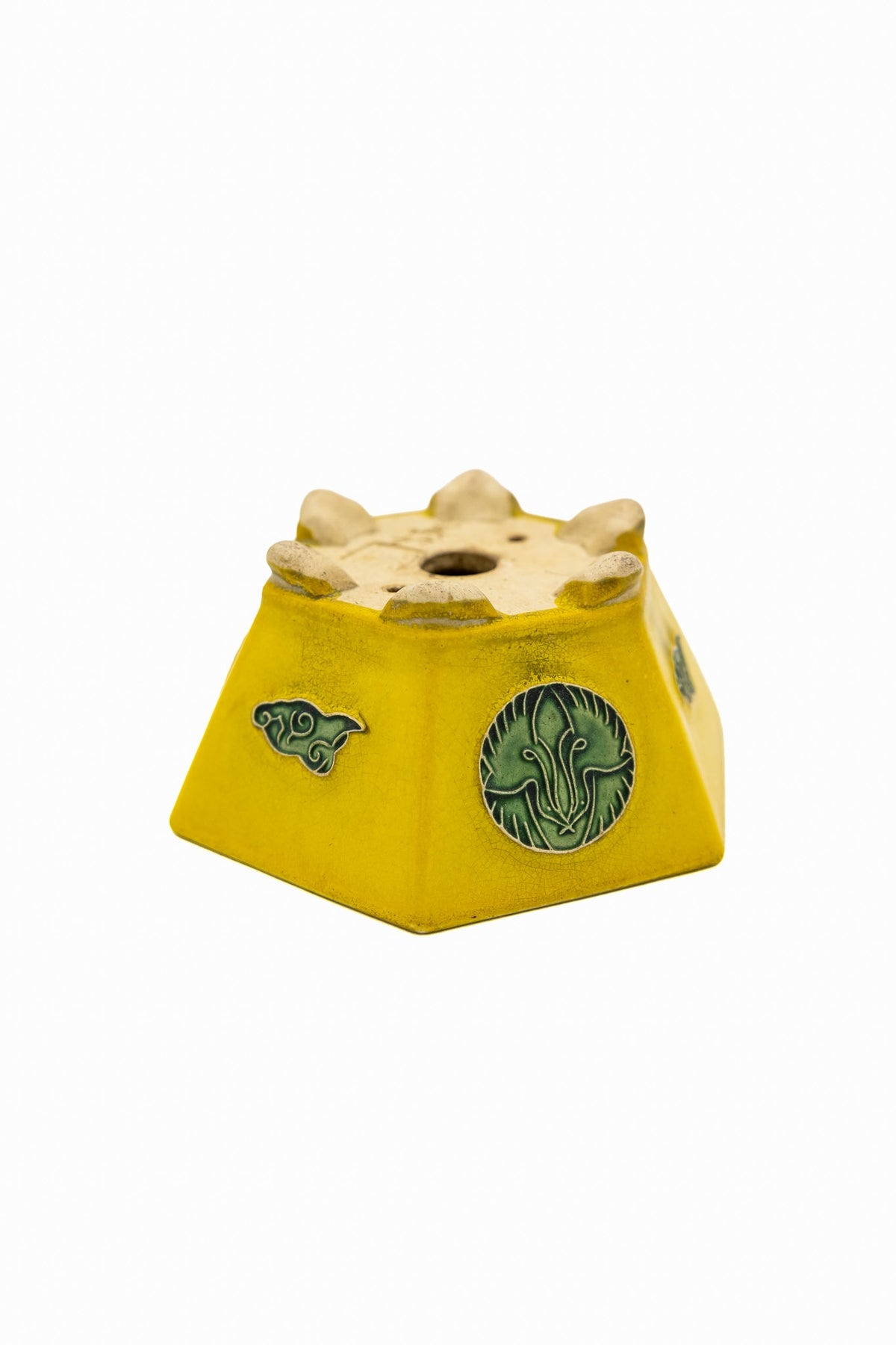Small Hexagon Yellow Glazed Biko Kiln Japanese Bonsai Pot – Vintage Medallion, Chop and Nail Signed