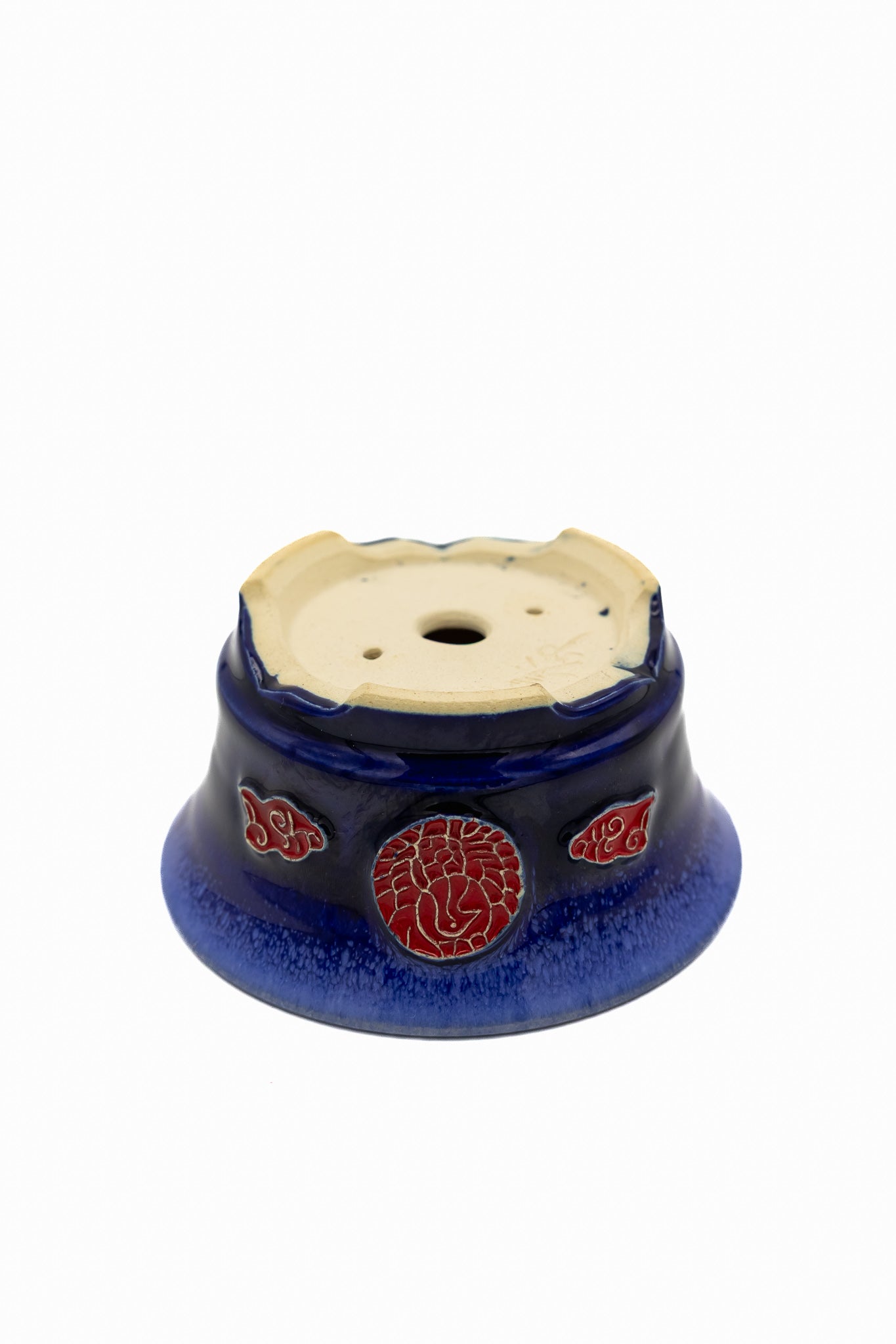 Small Round Ruri Blue Glazed Japanese Bonsai Pot – Biko Kiln, Medallion Chop, Competition Quality, Square Cut Feet
