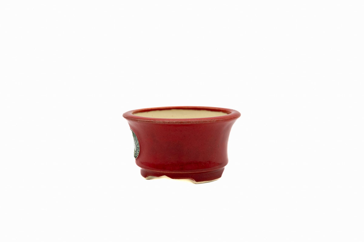 Small Round Red Glazed Biko Kiln Japanese Bonsai Pot – Vintage Medallion, Chop and Nail Signed, Bold Form