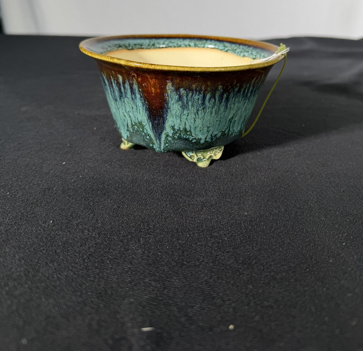 Fuka round bonsai pot, turquoise drip glaze, side view