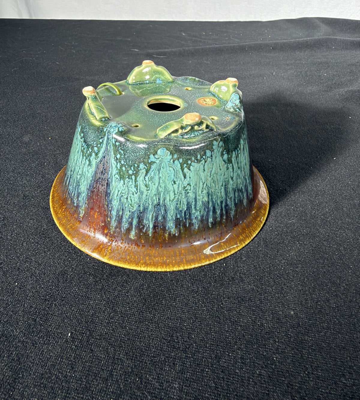 Fuka pot, angled view of drip glaze