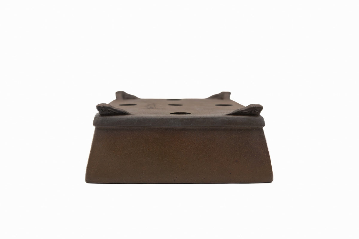 Large Rectangle Glazed Japanese Bonsai Pot by Gyouzan – Nail Signed, Cloud Feet, Inverted Flat Rim, Bottom Border