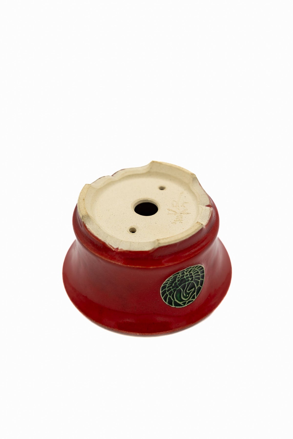 Small Round Red Glazed Biko Kiln Japanese Bonsai Pot – Vintage Medallion, Chop and Nail Signed, Bold Form