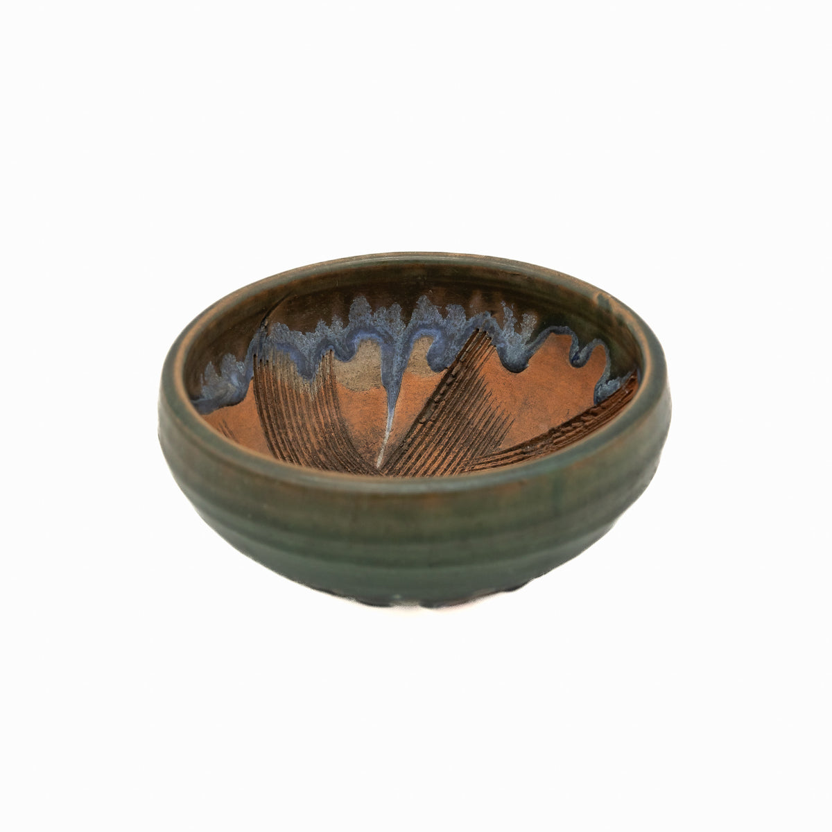 5x2 Inch Artisan Green Bushuan Japanese Round Bonsai Pot #800 – Heavy Drip Glaze, Hand Carved Solid Clay, Glazed Base, Pronged Feet, Chop Mark