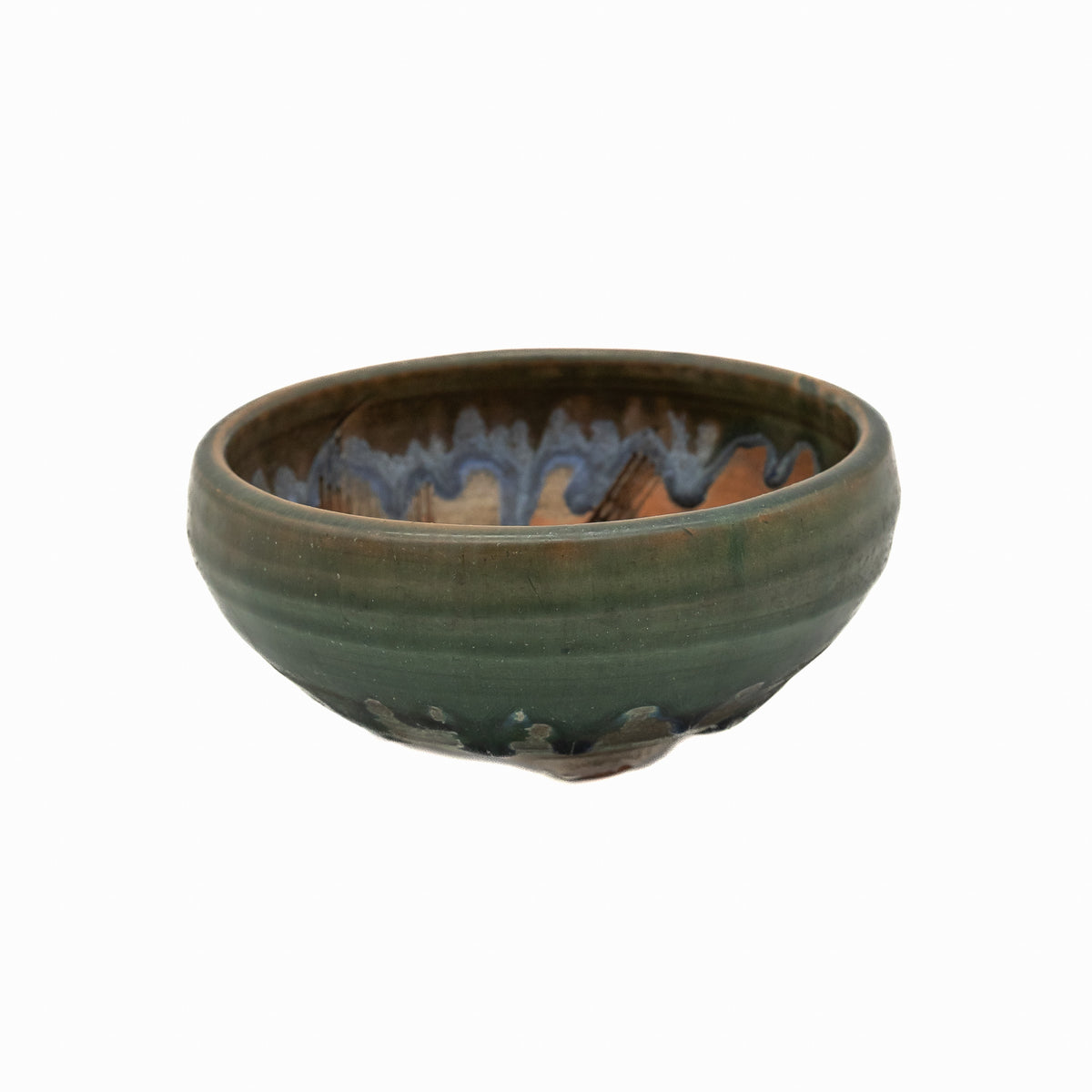 5x2 Inch Artisan Green Bushuan Japanese Round Bonsai Pot #800 – Heavy Drip Glaze, Hand Carved Solid Clay, Glazed Base, Pronged Feet, Chop Mark
