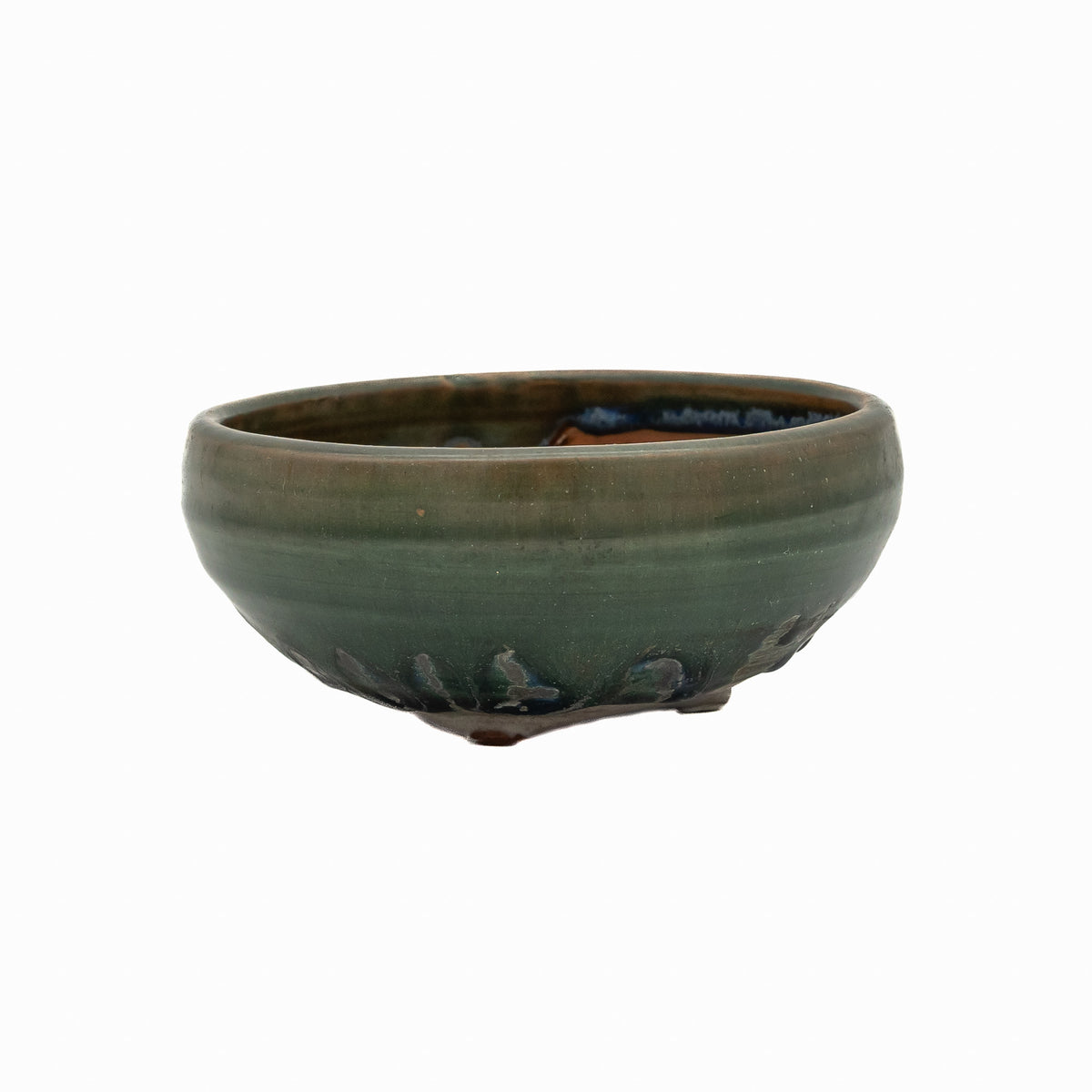 5x2 Inch Artisan Green Bushuan Japanese Round Bonsai Pot #800 – Heavy Drip Glaze, Hand Carved Solid Clay, Glazed Base, Pronged Feet, Chop Mark