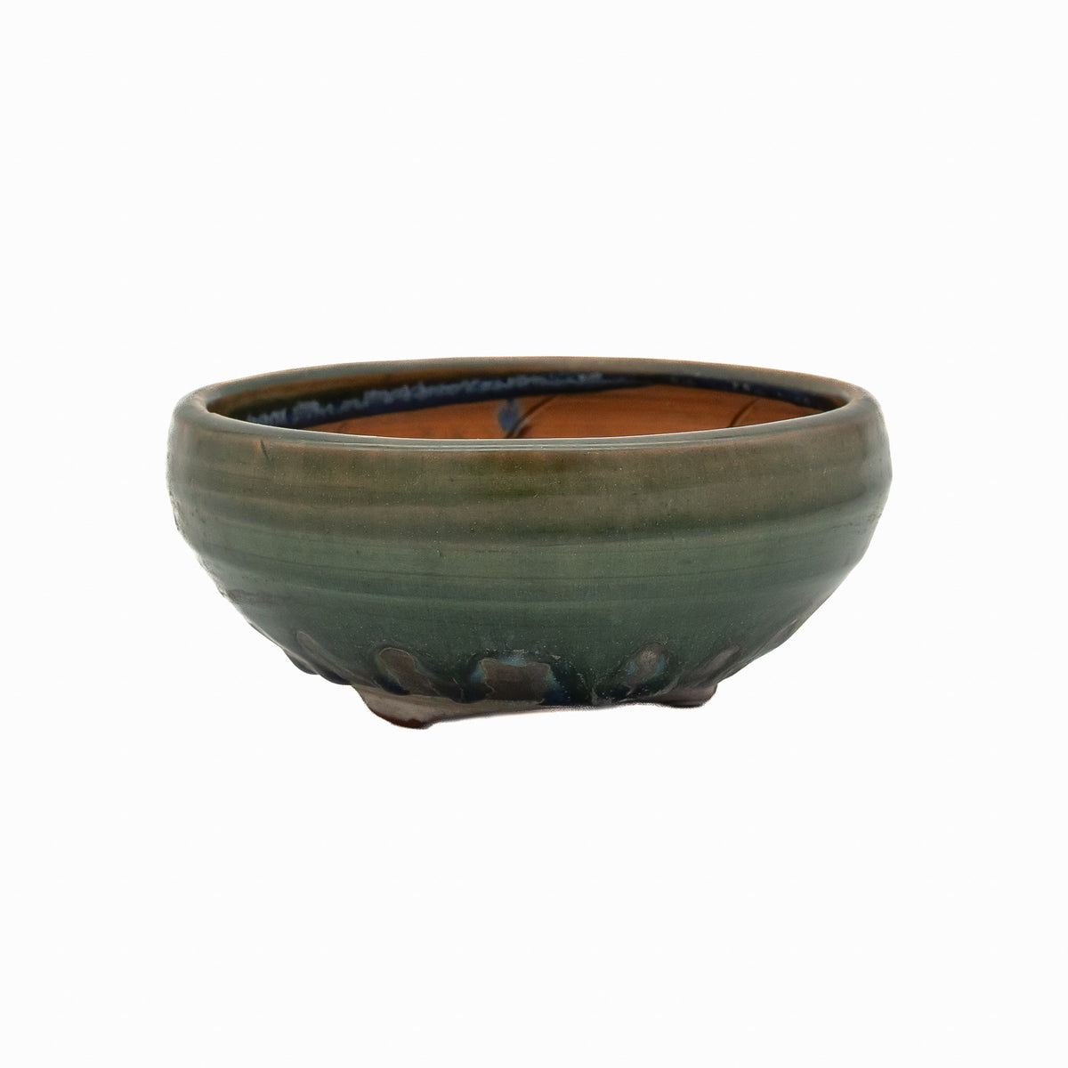 5x2 Inch Artisan Green Bushuan Japanese Round Bonsai Pot #800 – Heavy Drip Glaze, Hand Carved Solid Clay, Glazed Base, Pronged Feet, Chop Mark