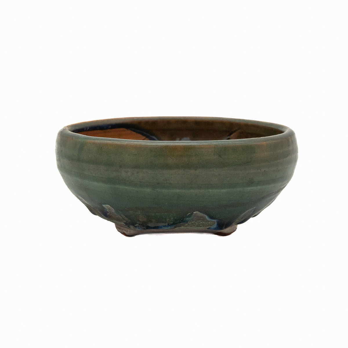 5x2 Inch Artisan Green Bushuan Japanese Round Bonsai Pot #800 – Heavy Drip Glaze, Hand Carved Solid Clay, Glazed Base, Pronged Feet, Chop Mark