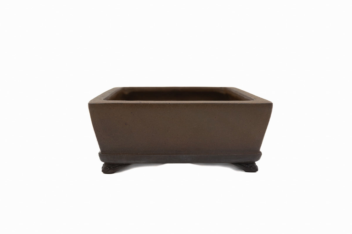 Large Rectangle Glazed Japanese Bonsai Pot by Gyouzan – Nail Signed, Cloud Feet, Inverted Flat Rim, Bottom Border