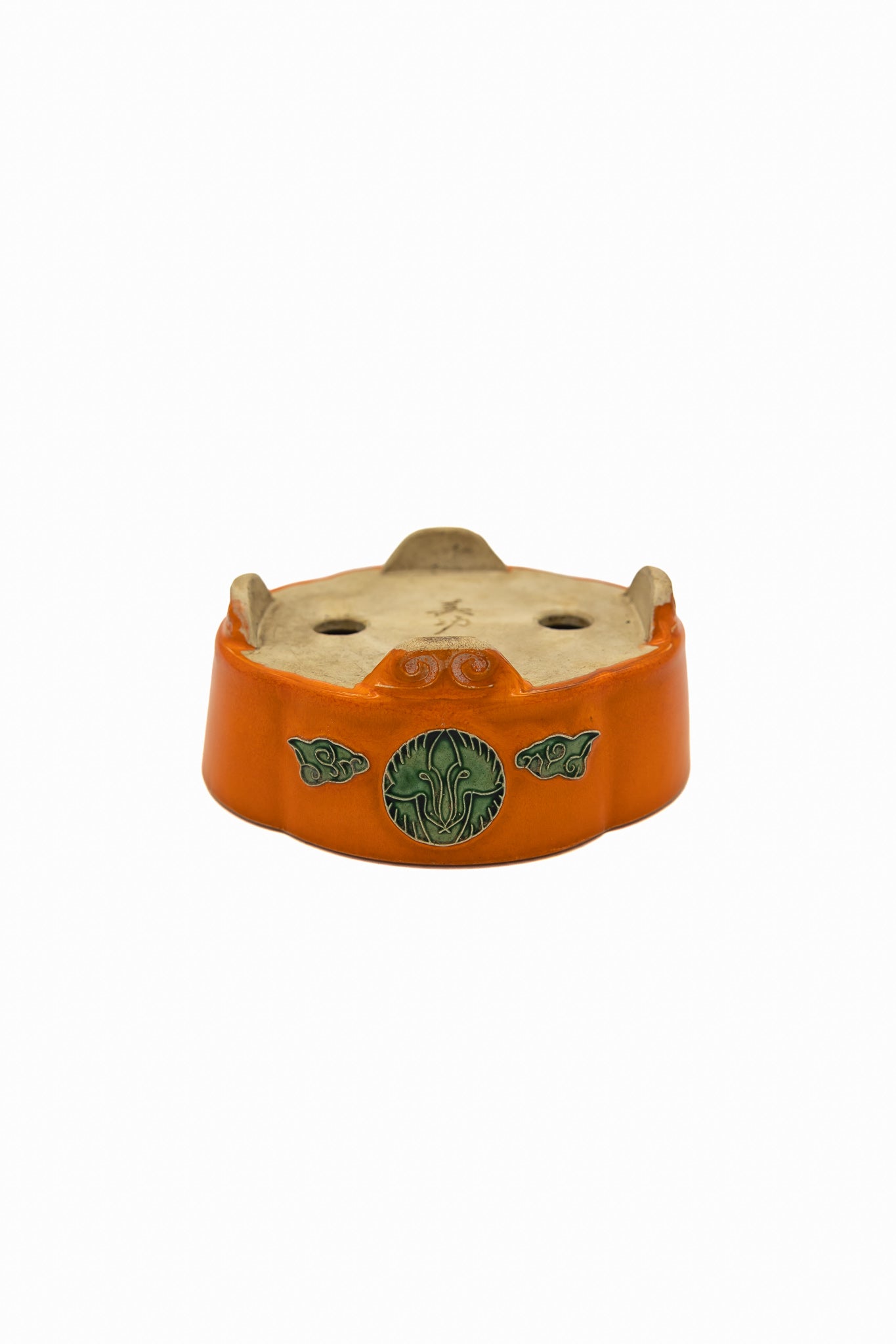 Small Mokka Orange Glazed Biko Kiln Japanese Bonsai Pot – Hand Carved Medallion, Chop and Nail Signed