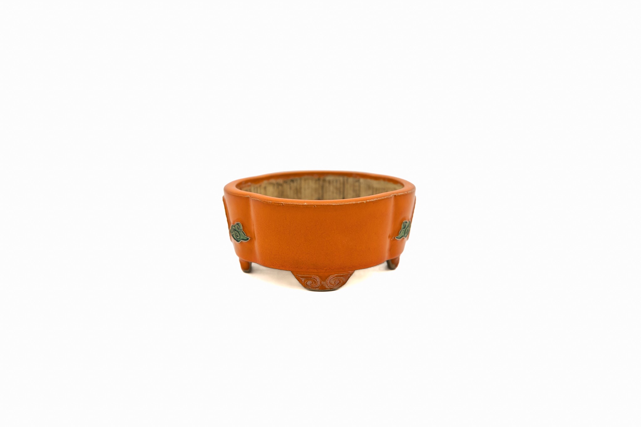 Small Mokka Orange Glazed Biko Kiln Japanese Bonsai Pot – Hand Carved Medallion, Chop and Nail Signed