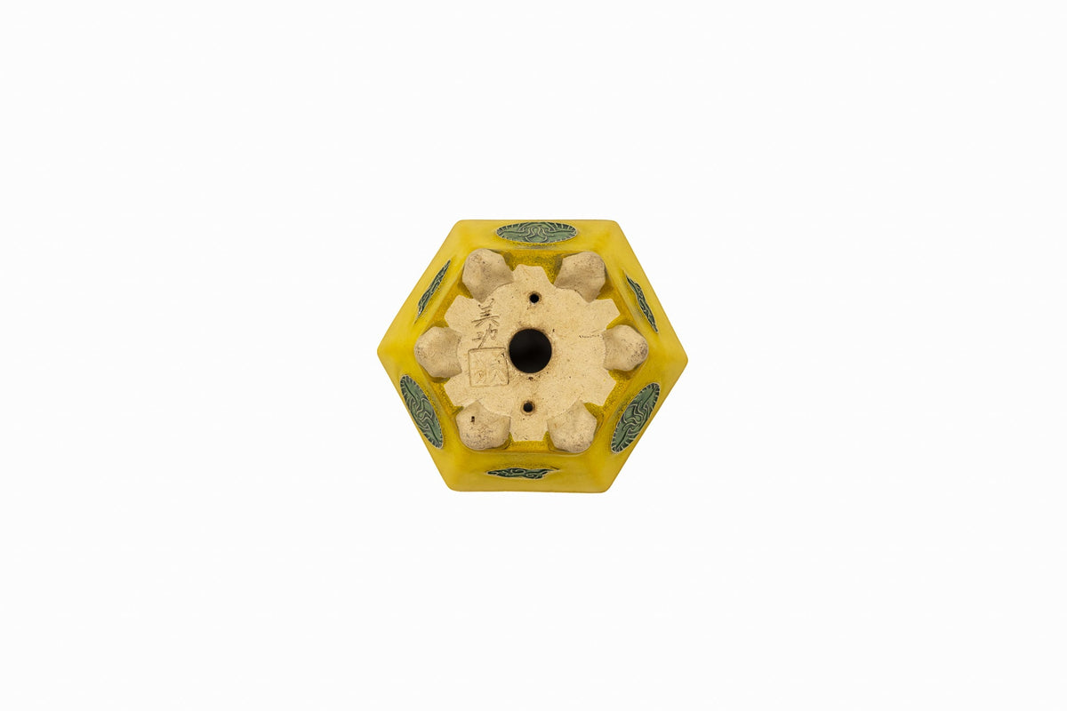Small Hexagon Yellow Glazed Biko Kiln Japanese Bonsai Pot – Vintage Medallion, Chop and Nail Signed
