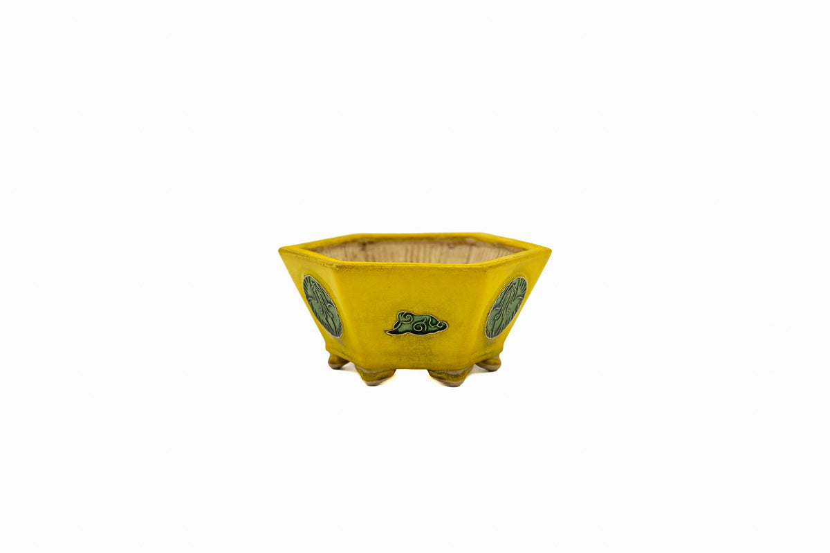 Small Hexagon Yellow Glazed Biko Kiln Japanese Bonsai Pot – Vintage Medallion, Chop and Nail Signed