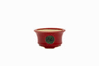 Small Round Red Glazed Biko Kiln Japanese Bonsai Pot – Vintage Medallion, Chop and Nail Signed, Bold Form
