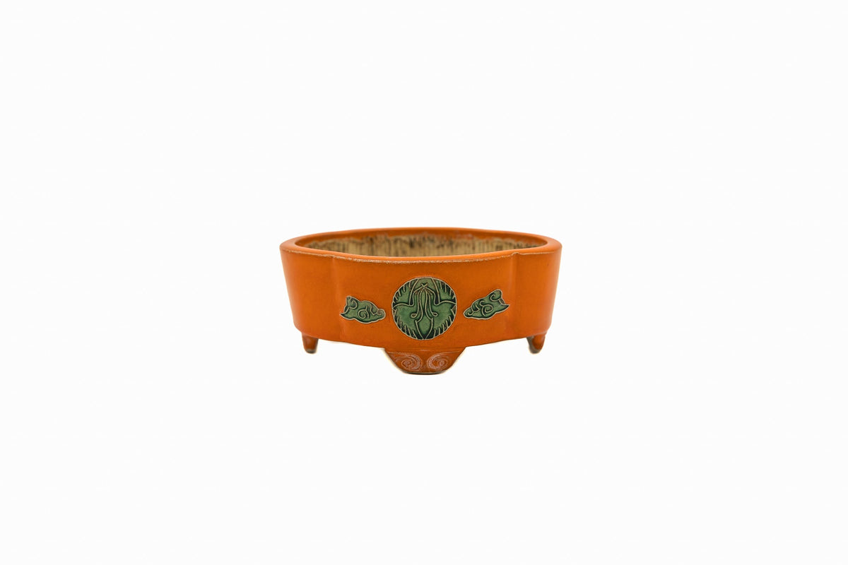 Small Mokka Orange Glazed Biko Kiln Japanese Bonsai Pot – Hand Carved Medallion, Chop and Nail Signed